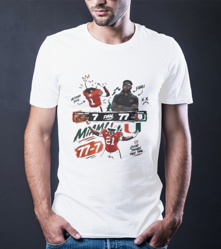 Miami 77 Final Florida A&M 7 College Football Game Highlights T-Shirt