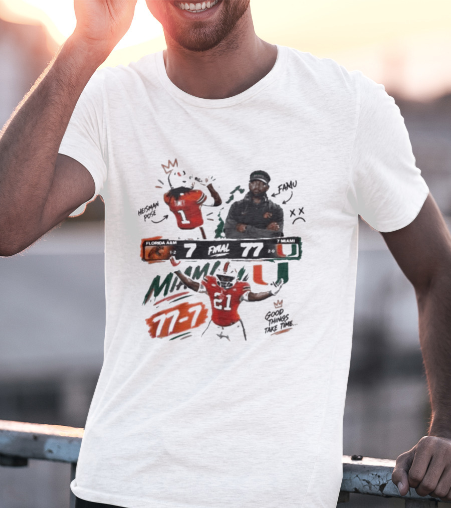 Miami 77 Final Florida A&M 7 College Football Game Highlights T-Shirt
