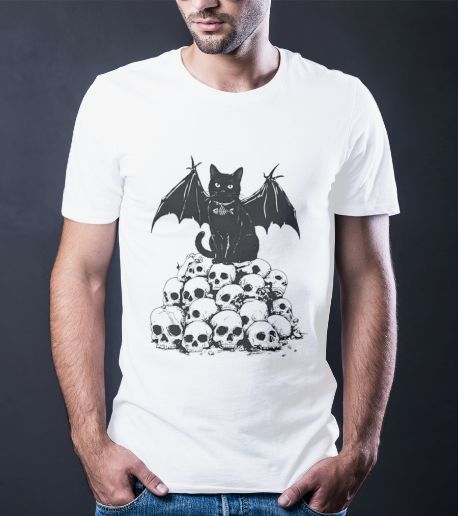 Black Bat Cat Sitting On Human Skulls T-Shirt