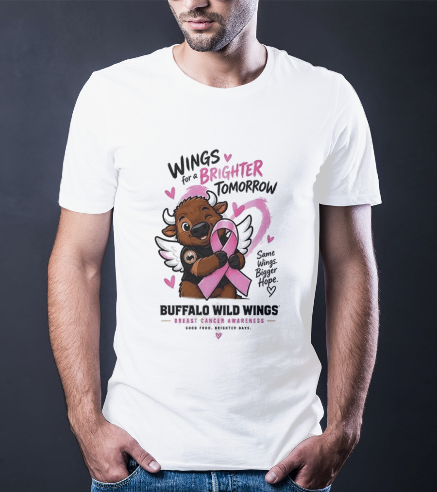 Wings For A Brighter Tomorrow Buffalo Wild Wings Breast Cancer Awareness Pink Ribbon Hearts T-Shirt