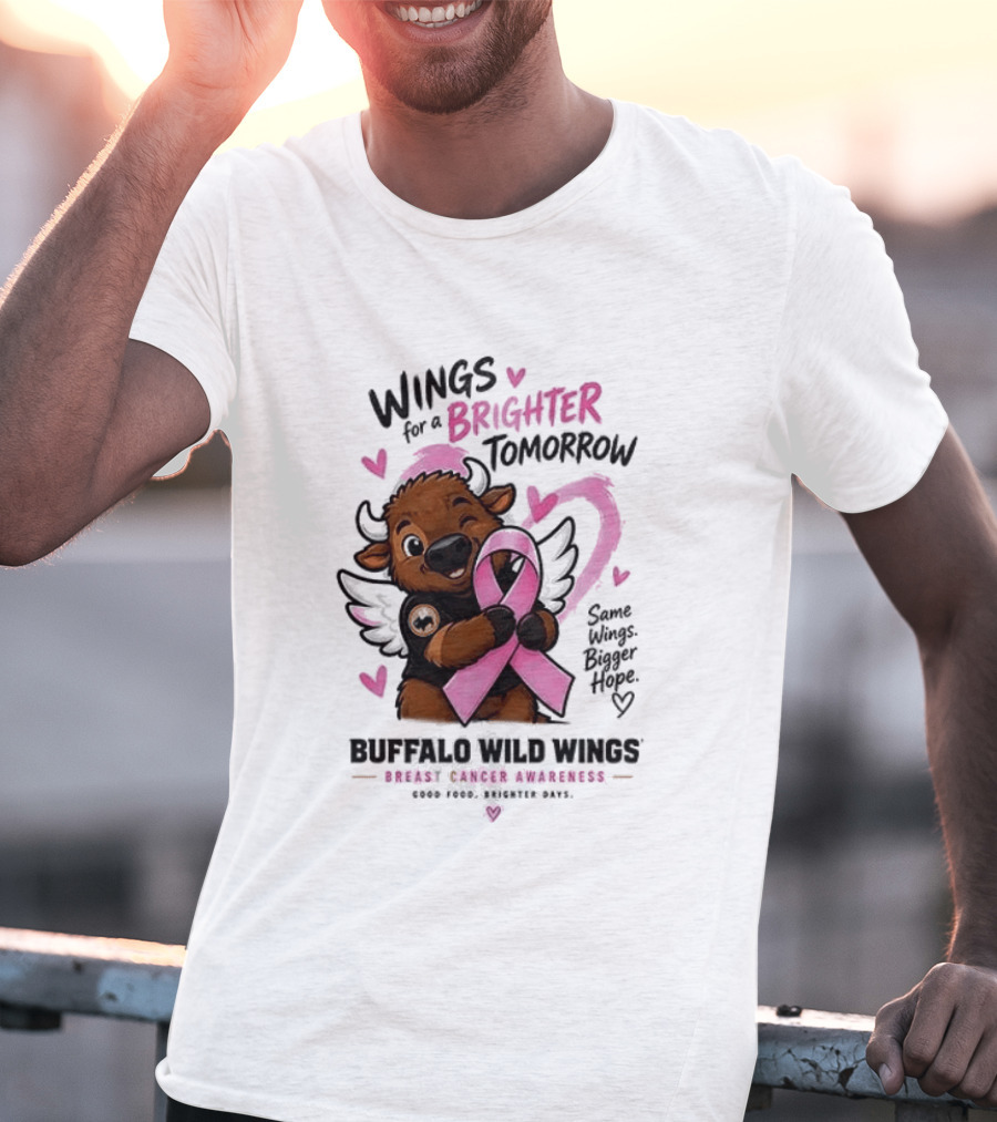 Wings For A Brighter Tomorrow Buffalo Wild Wings Breast Cancer Awareness Pink Ribbon Hearts T-Shirt