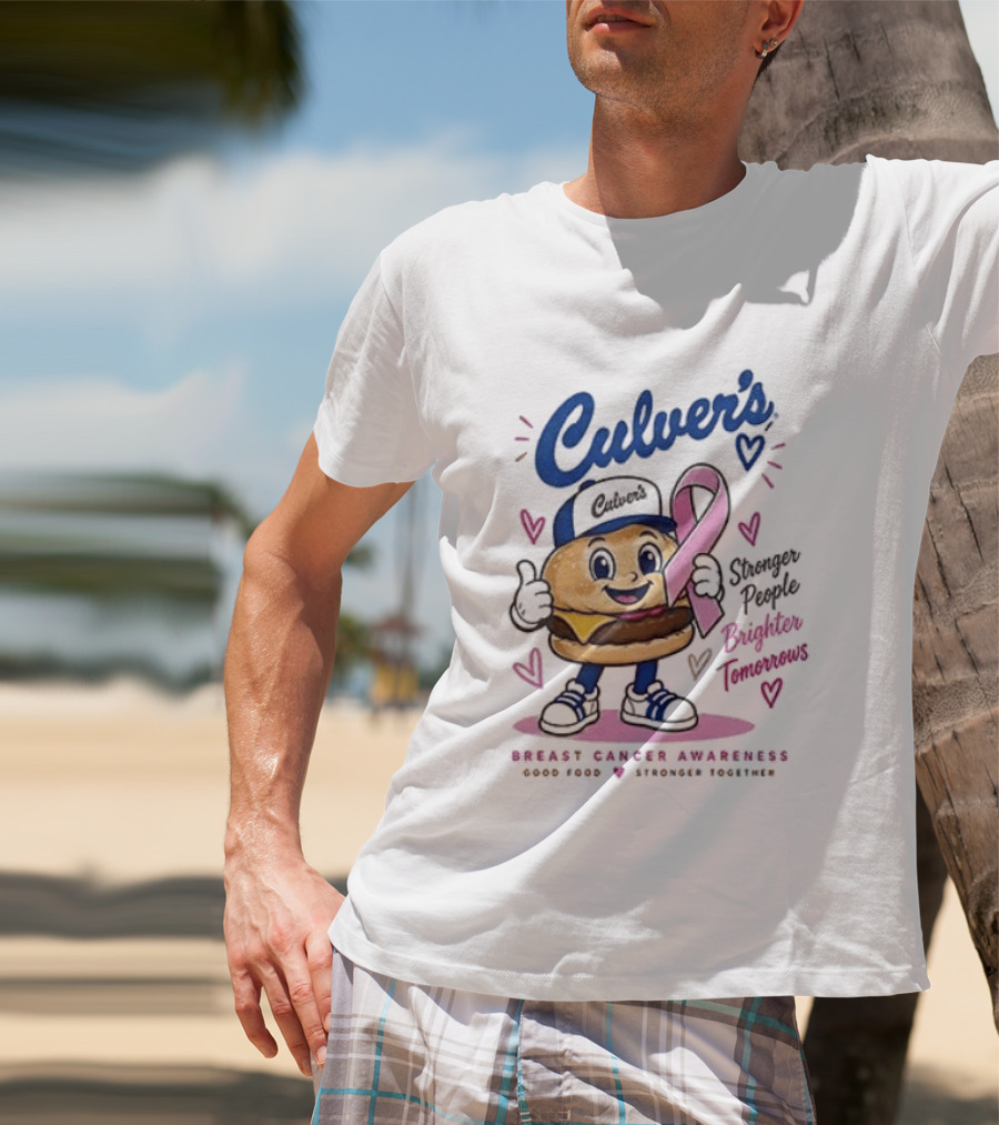 Culver's Breast Cancer Awareness Stronger People Brighter Tomorrows Burger Character With Pink Ribbon T-Shirt