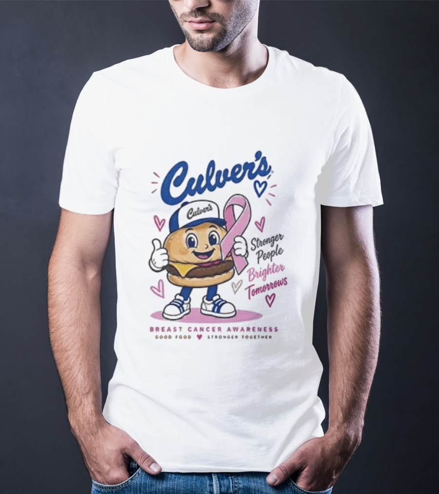 Culver's Breast Cancer Awareness Stronger People Brighter Tomorrows Burger Character With Pink Ribbon T-Shirt