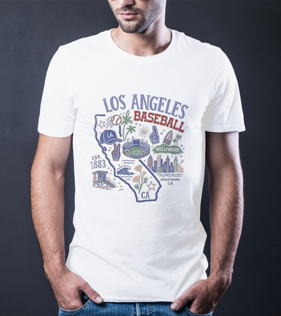 Los Angeles Baseball Est 1883 California Map Stadium And Poppy Flowers T-Shirt
