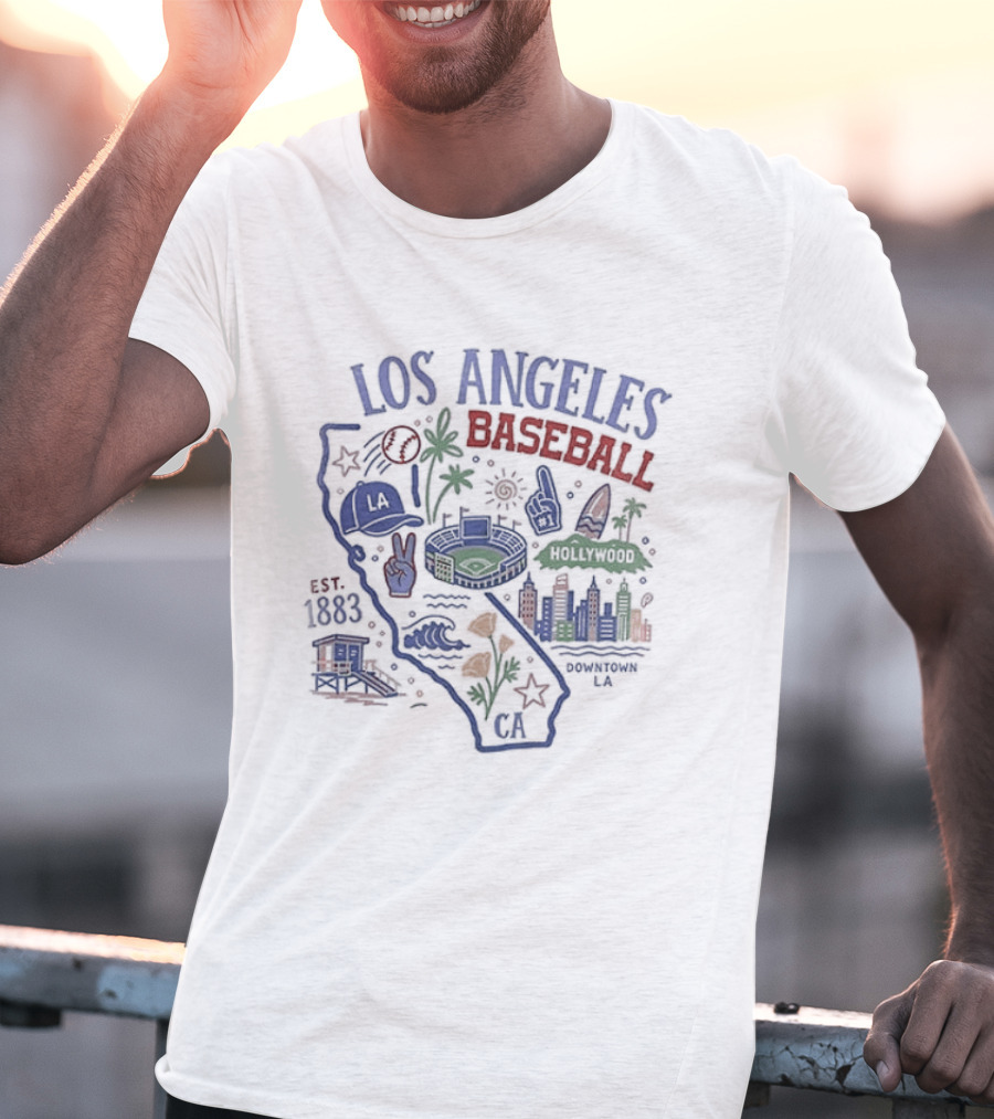 Los Angeles Baseball Est 1883 California Map Stadium And Poppy Flowers T-Shirt