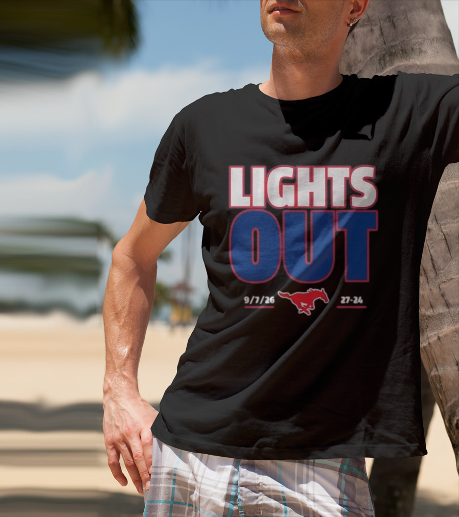 SMU Mustangs Football Lights Out 9 7 26 27 24 T-Shirt