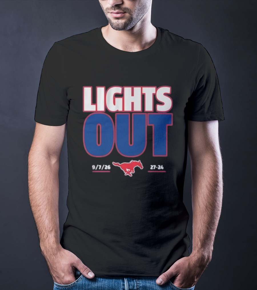 SMU Mustangs Football Lights Out 9 7 26 27 24 T-Shirt