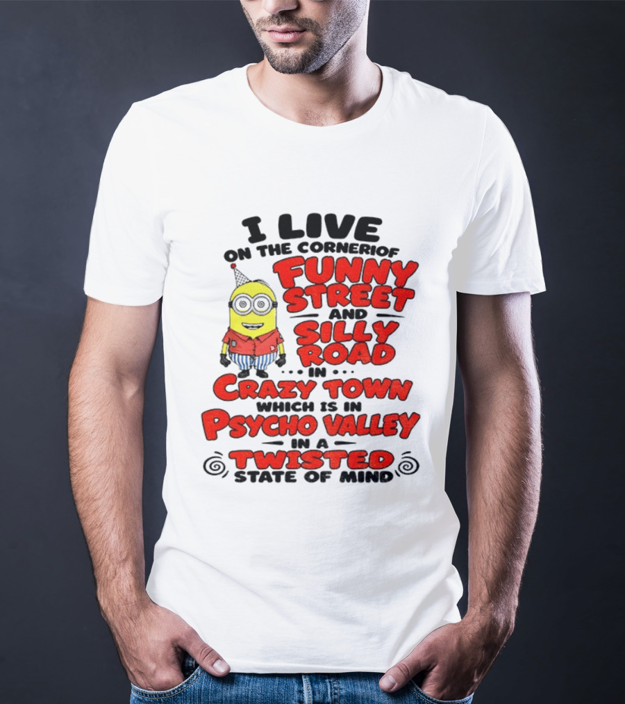 I Live On Funny Street Silly Road Crazy Town Psycho Valley Twisted State Of Mind T-Shirt