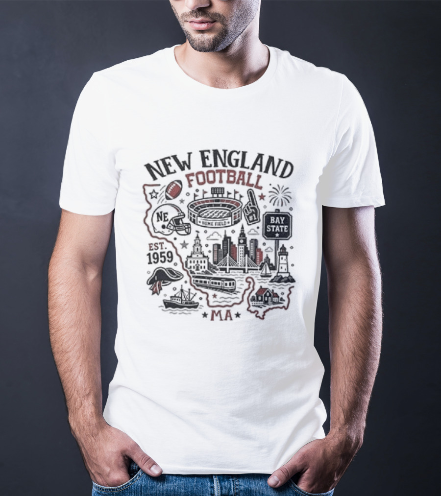 New England Football Est 1959 Massachusetts Map Stadium T-Shirt