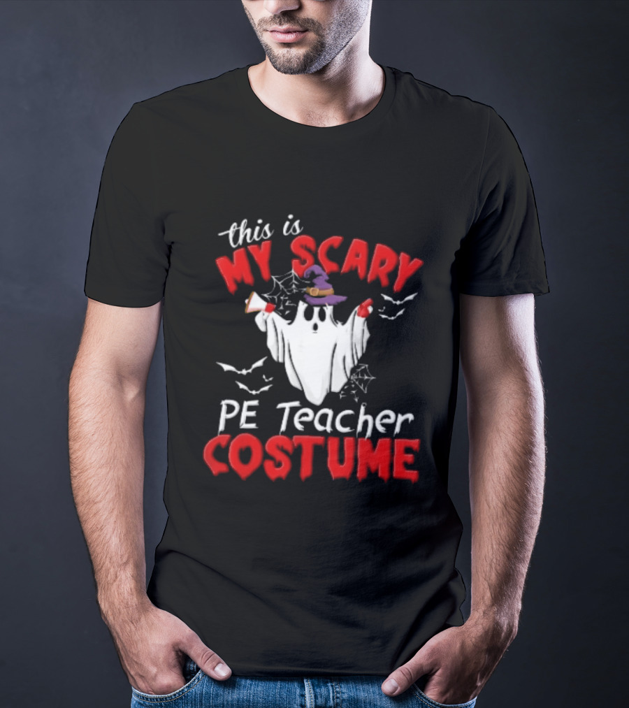 Scary PE Teacher Costume Ghost Witch Hat Whistle Megaphone Halloween T-Shirt
