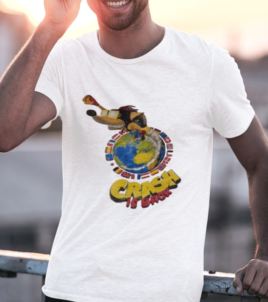 Crash Is Back Jetpack Adventure World Flags Globe Cartoon T-Shirt