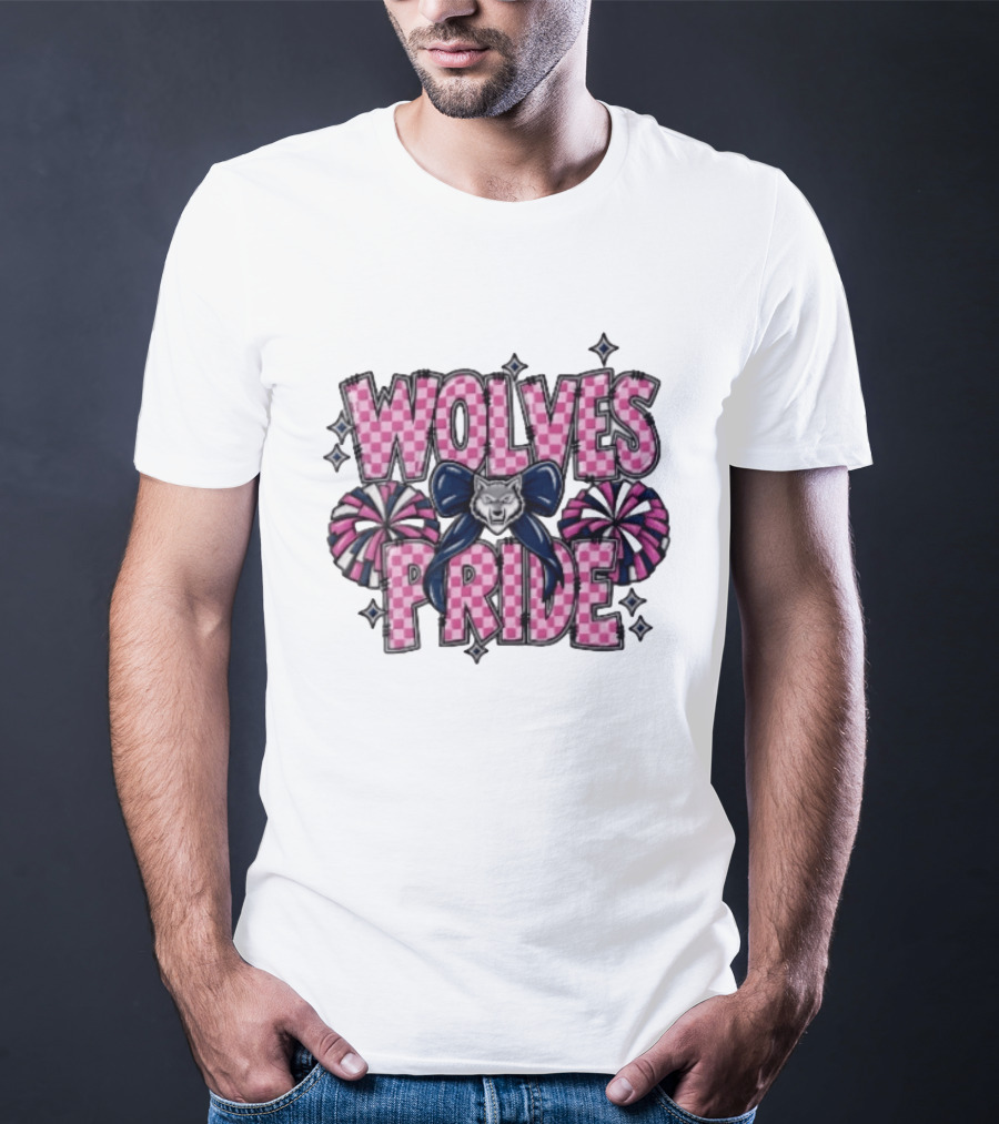 Wolves Pride Pink Checkered Cheerleading Pompoms And Wolf Bow T-Shirt