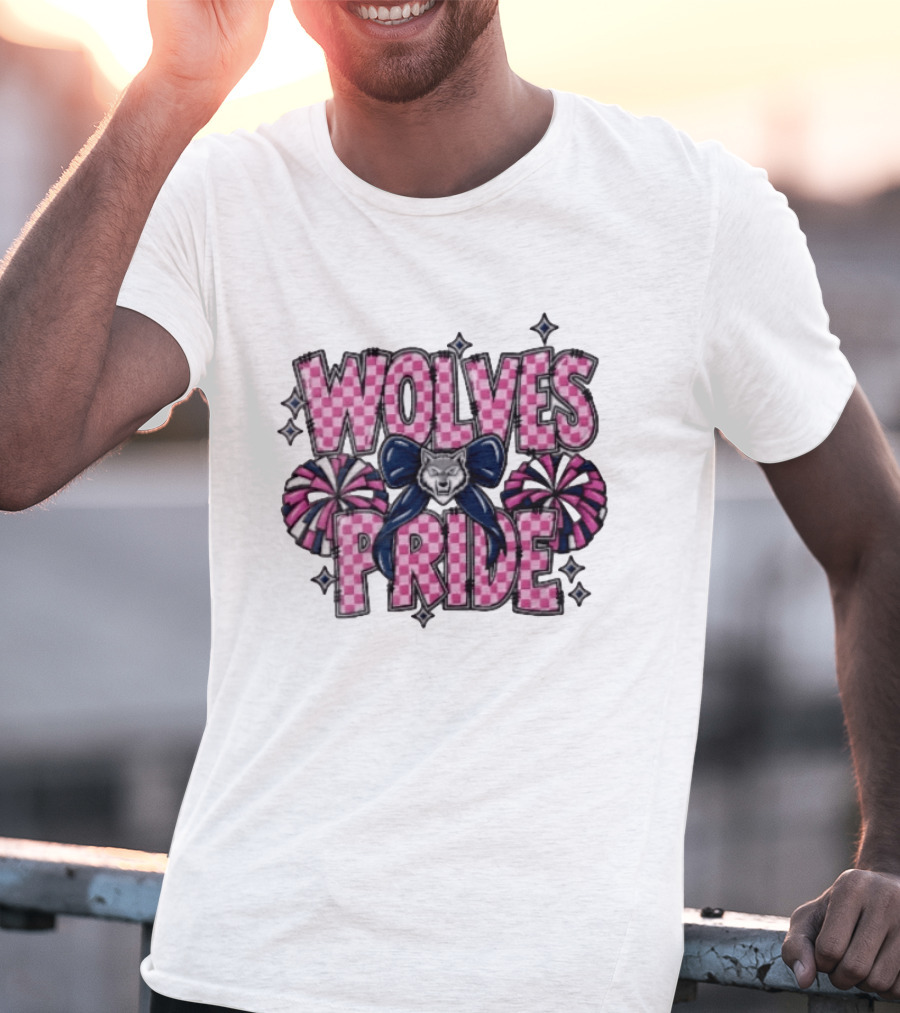 Wolves Pride Pink Checkered Cheerleading Pompoms And Wolf Bow T-Shirt