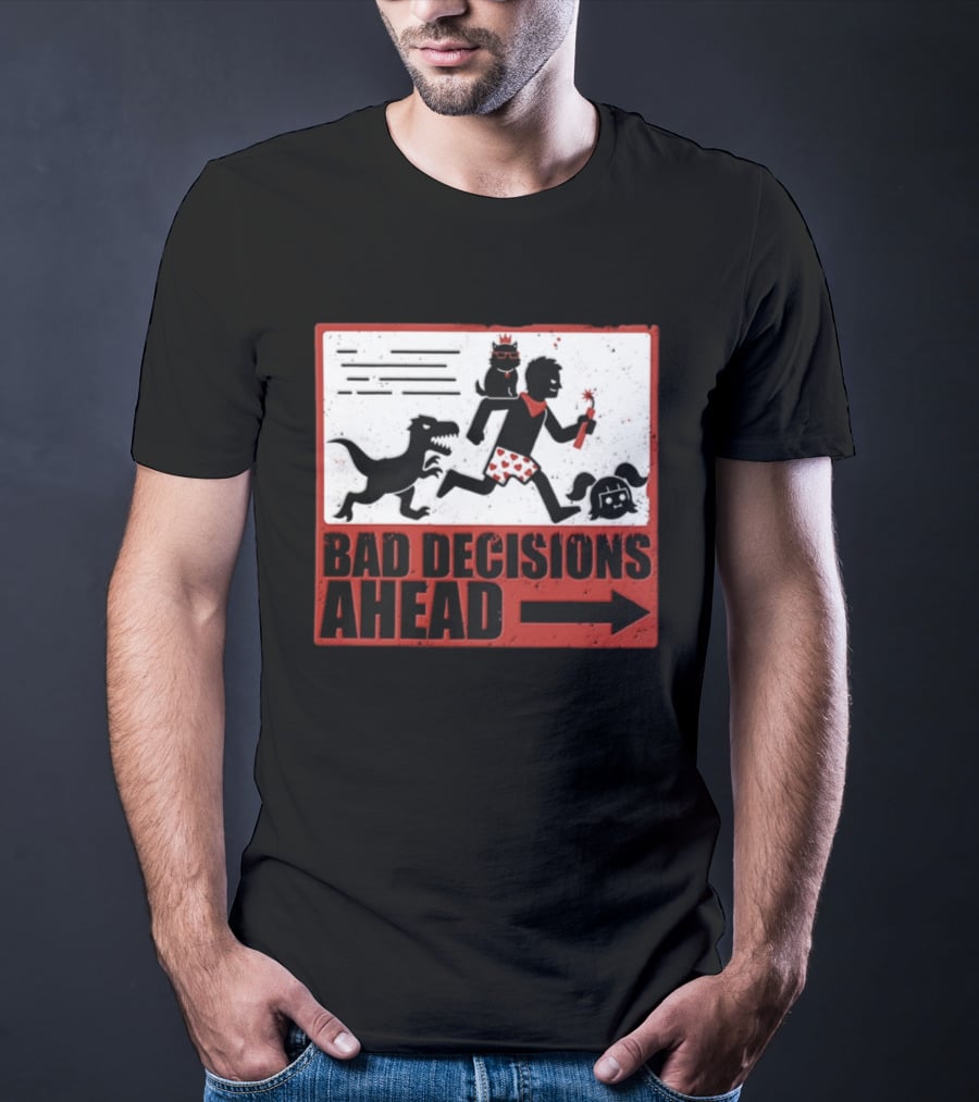 Bad Decisions Ahead Running From Dinosaur Distressed Humor T-Shirt