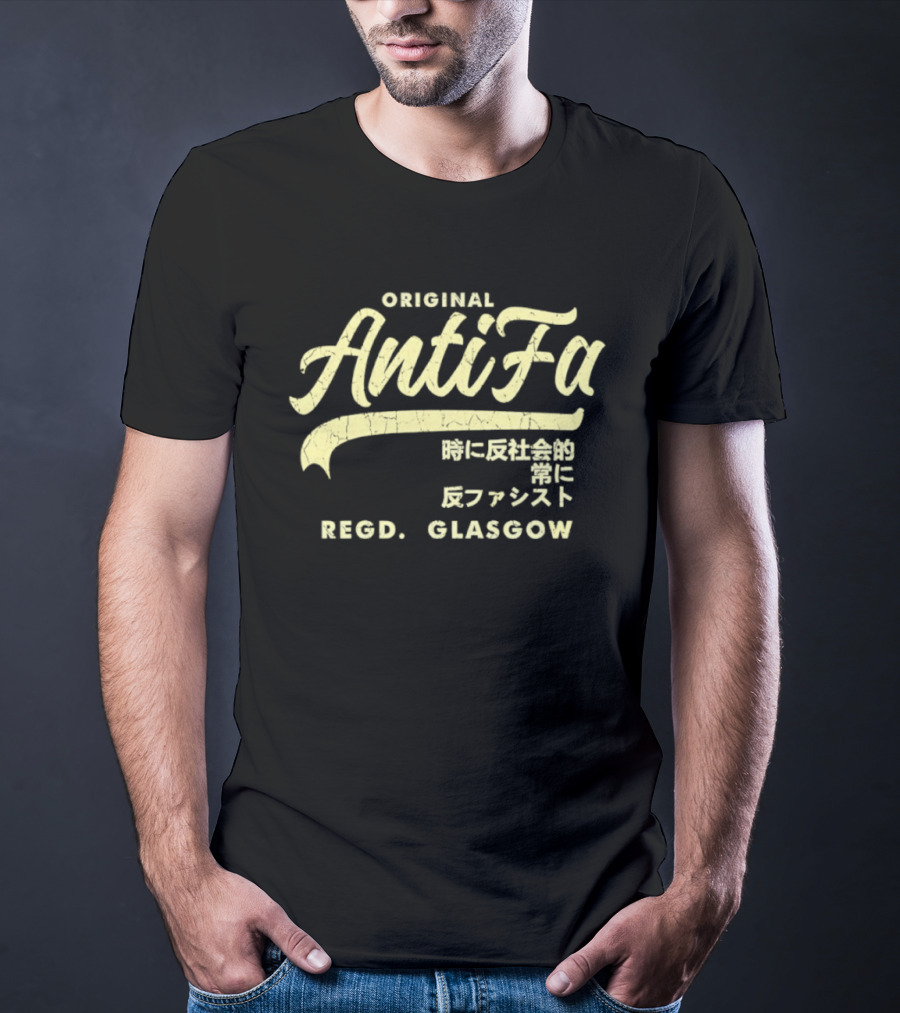 Original AntiFa Regd Glasgow Distressed Japanese Text Anti Fascist T-Shirt