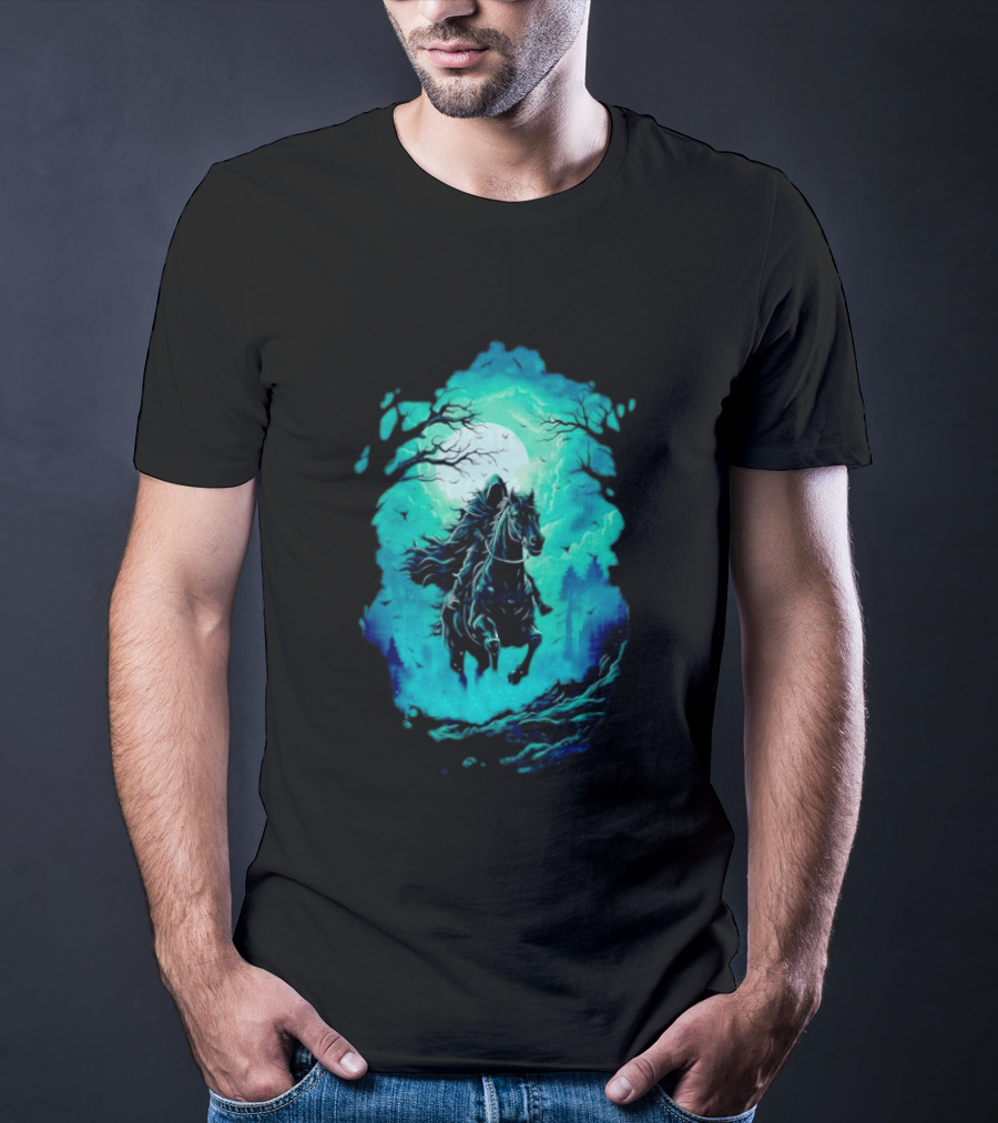 Headless Horseman Eerie Night Ride Through Spooky Forest T-Shirt