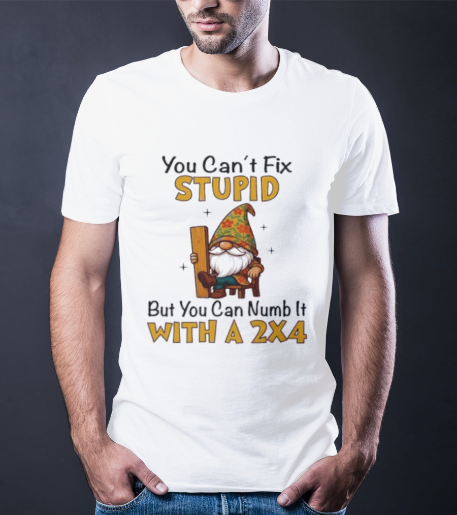 You Can't Fix Stupid But You Can Numb It With A 2x4 Gnome Holding Wood Humor T-Shirt