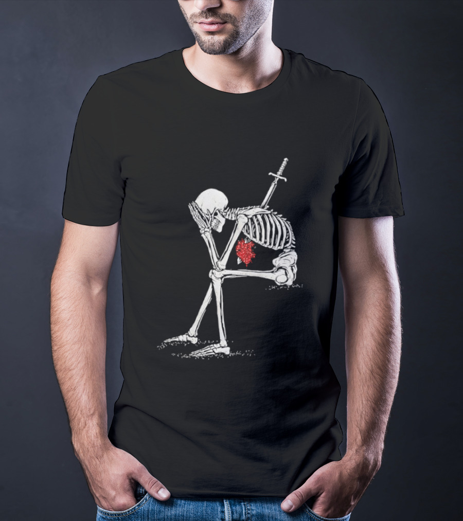 Sad Skeleton With Sword And Bleeding Heart Drawing T-Shirt