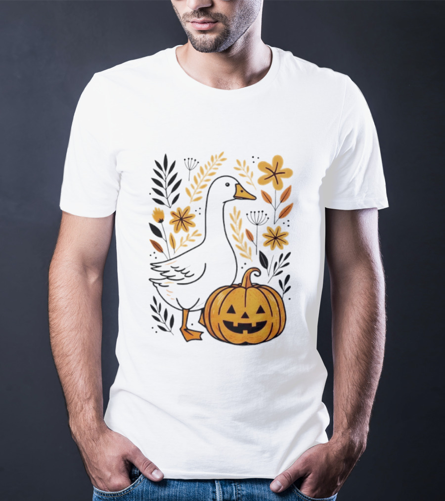 Pumpkin Jack O Lantern Goose Fall Farmhouse Floral Halloween T-Shirt