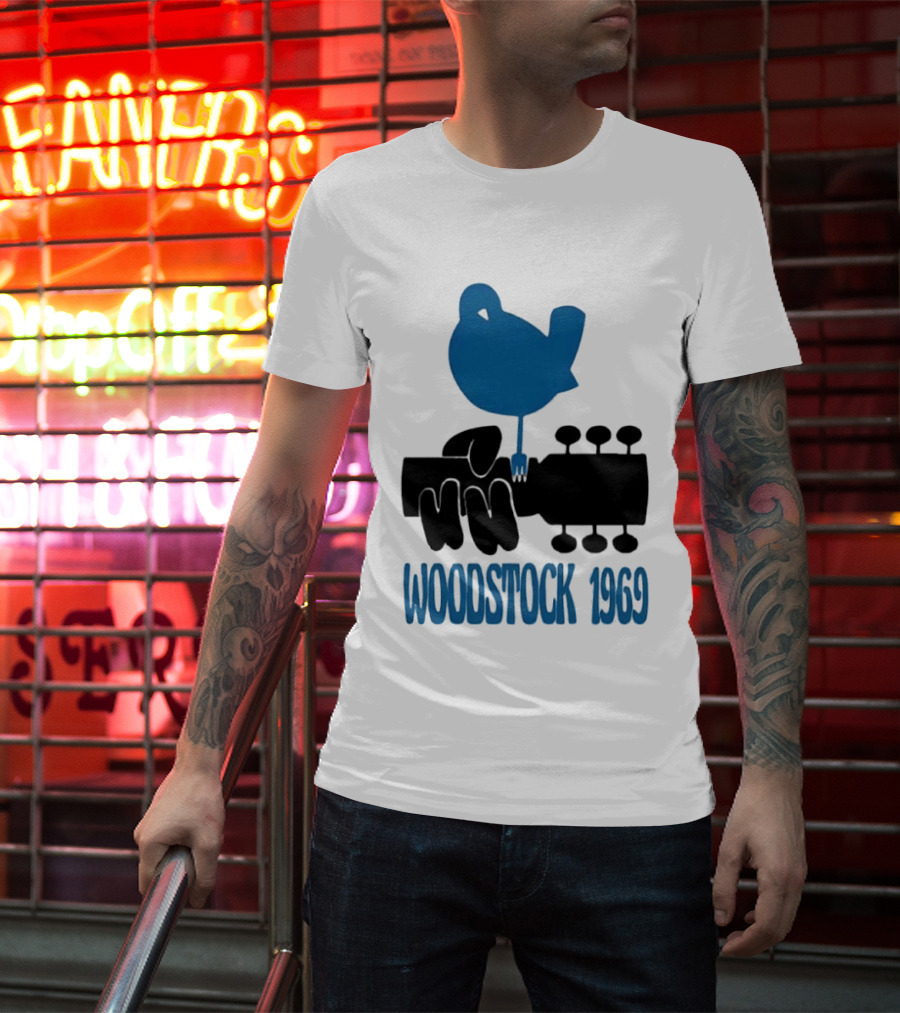 Woodstock 1969 Music Festival Bird On Guitar Neck T-Shirt