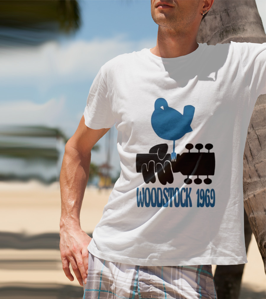 Woodstock 1969 Music Festival Bird On Guitar Neck T-Shirt