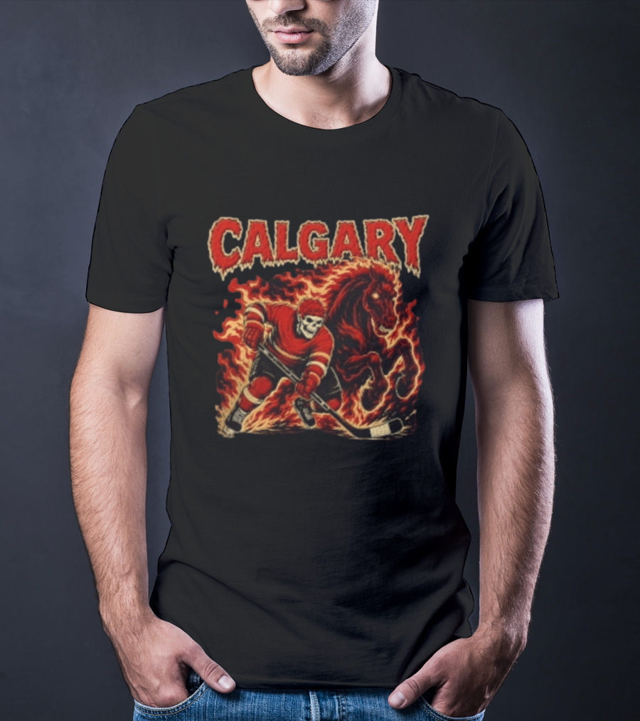Calgary Flames Skeleton Hockey Player With Fiery Horse T-Shirt