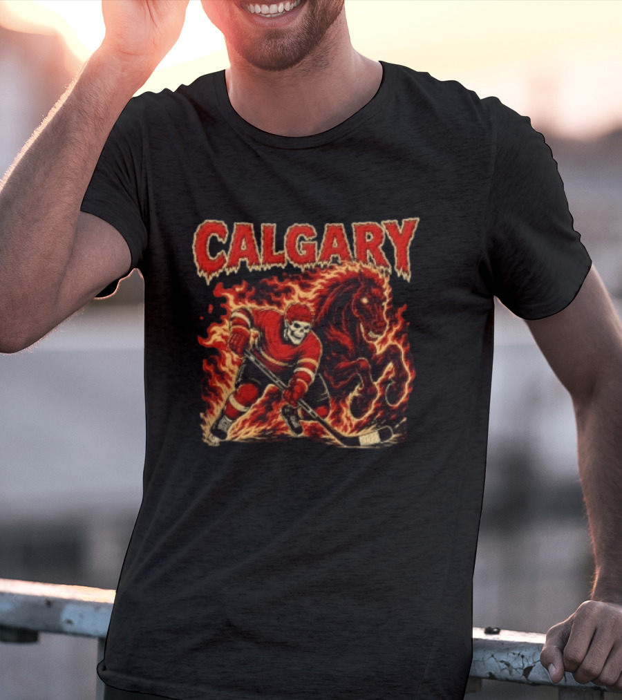 Calgary Flames Skeleton Hockey Player With Fiery Horse T-Shirt