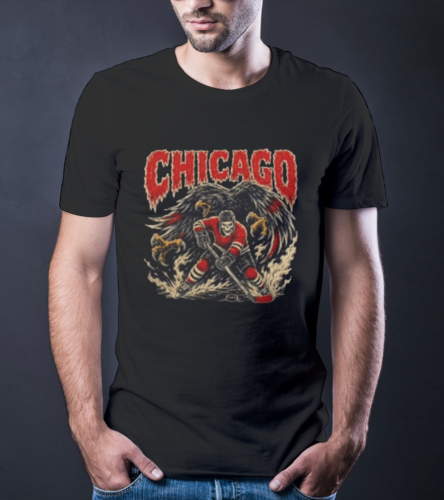 Chicago Blackhawks Skeleton Hockey Player With Hawk Wings T-Shirt