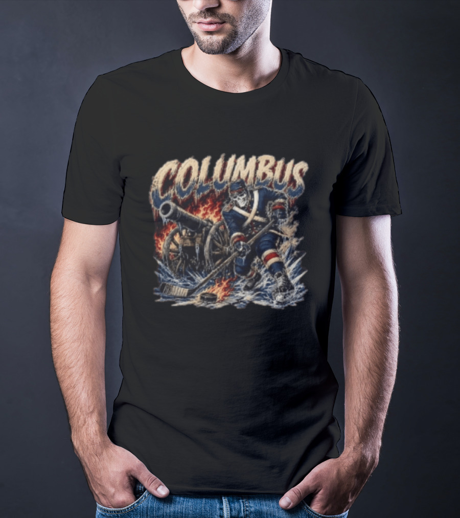 Columbus Blue Jackets Skeleton Hockey Player With Cannon And Ice T-Shirt