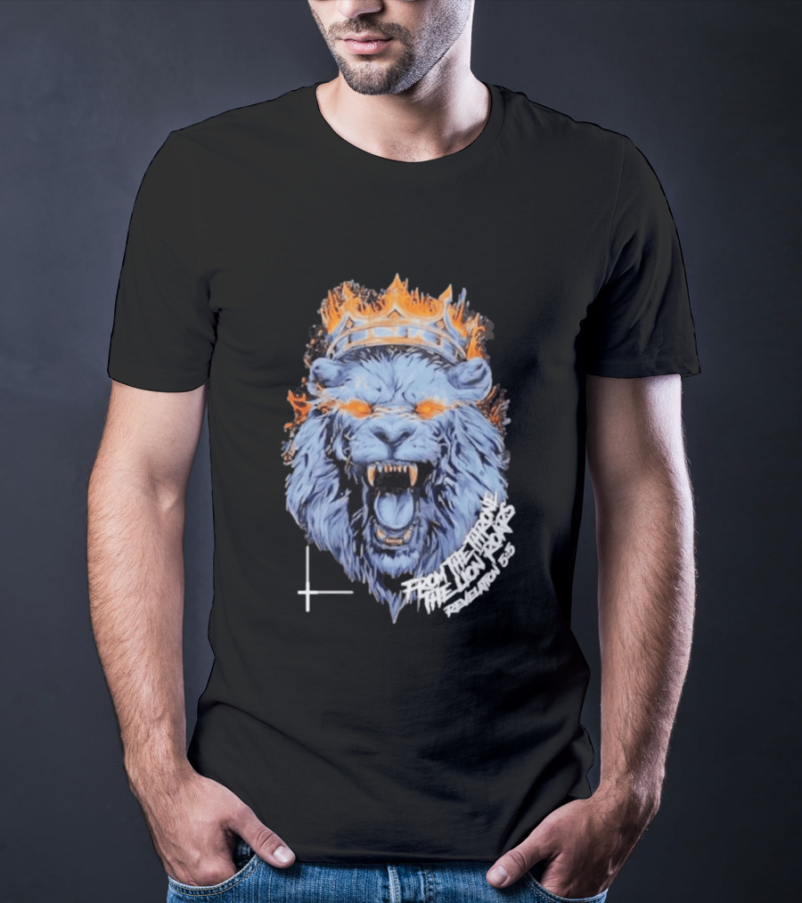 From The Throne The Lion Roars Revelation 5 5 Blue Flame Crown Lionhead T-Shirt