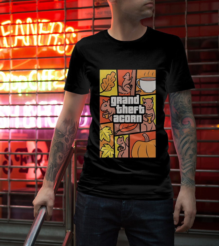 Grand Theft Acorn Autumn Squirrel Coffee Pumpkin Leaves T-Shirt