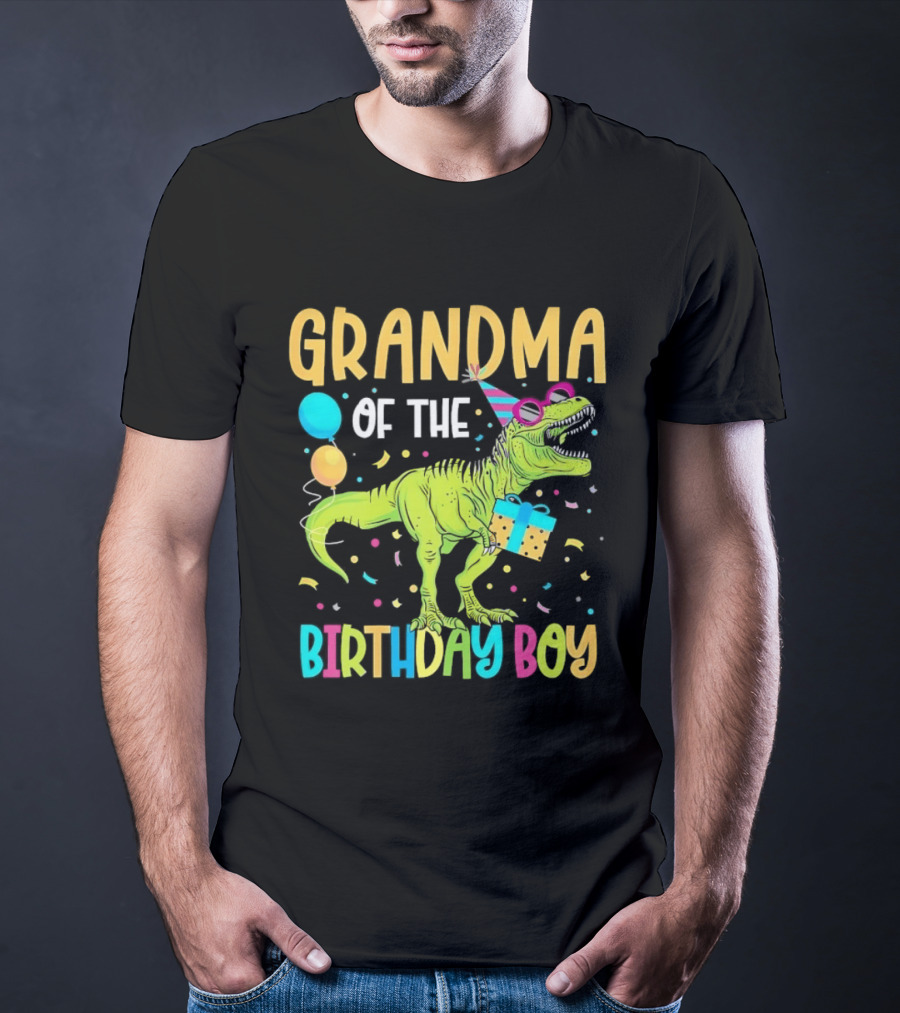 Grandma Of The Birthday Boy Dinosaur Party Balloons And Gift Celebration T-Shirt