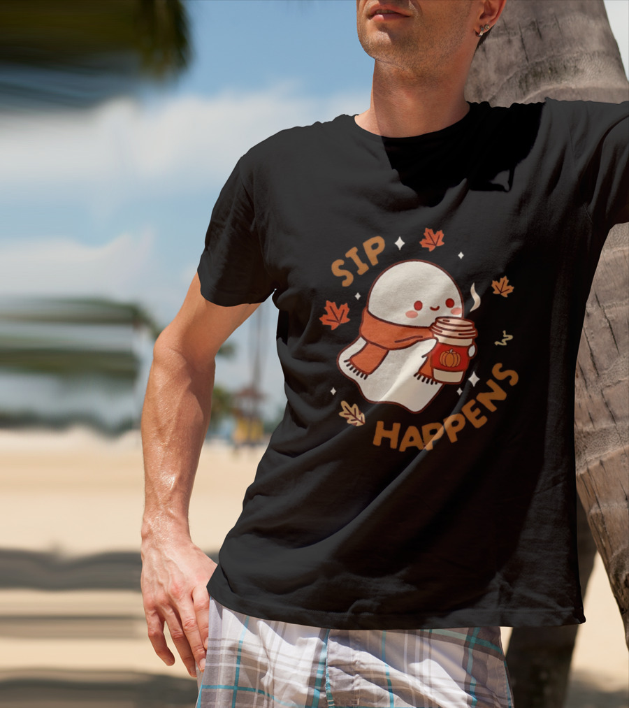 Sip Happens Ghost Pumpkin Spice Latte With Leaves And Scarf T-Shirt