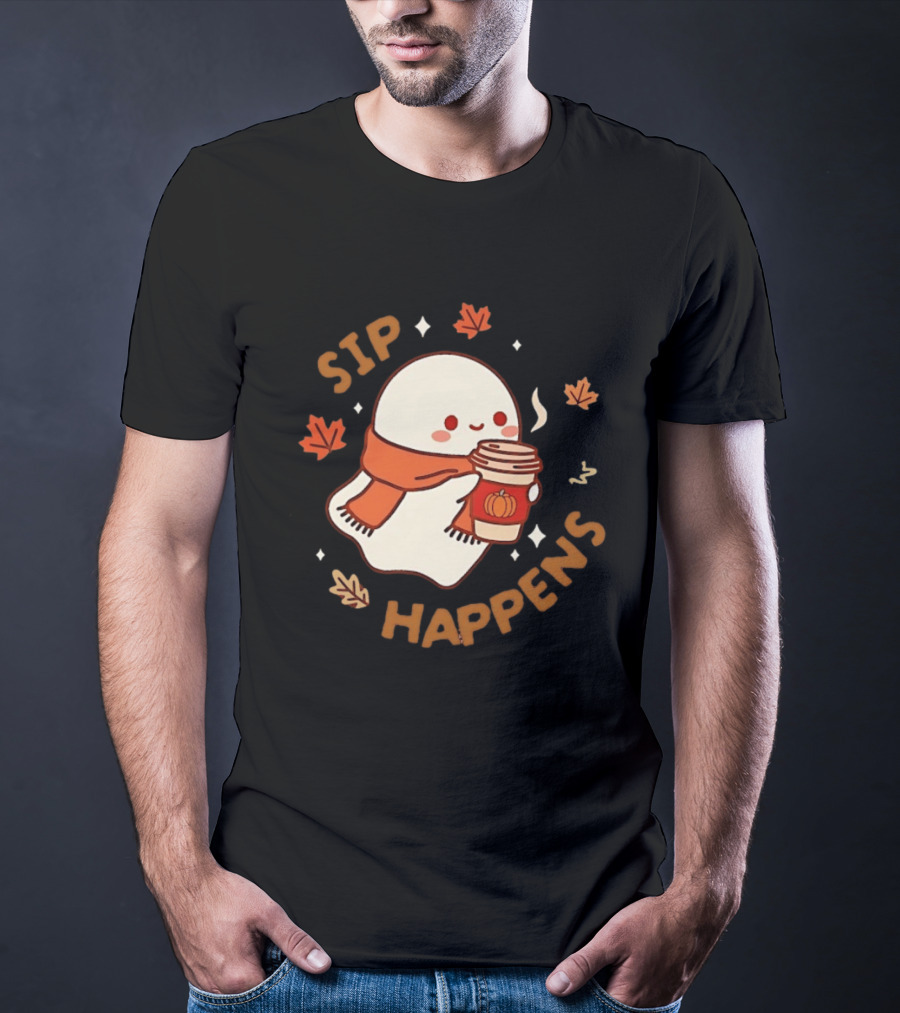 Sip Happens Ghost Pumpkin Spice Latte With Leaves And Scarf T-Shirt