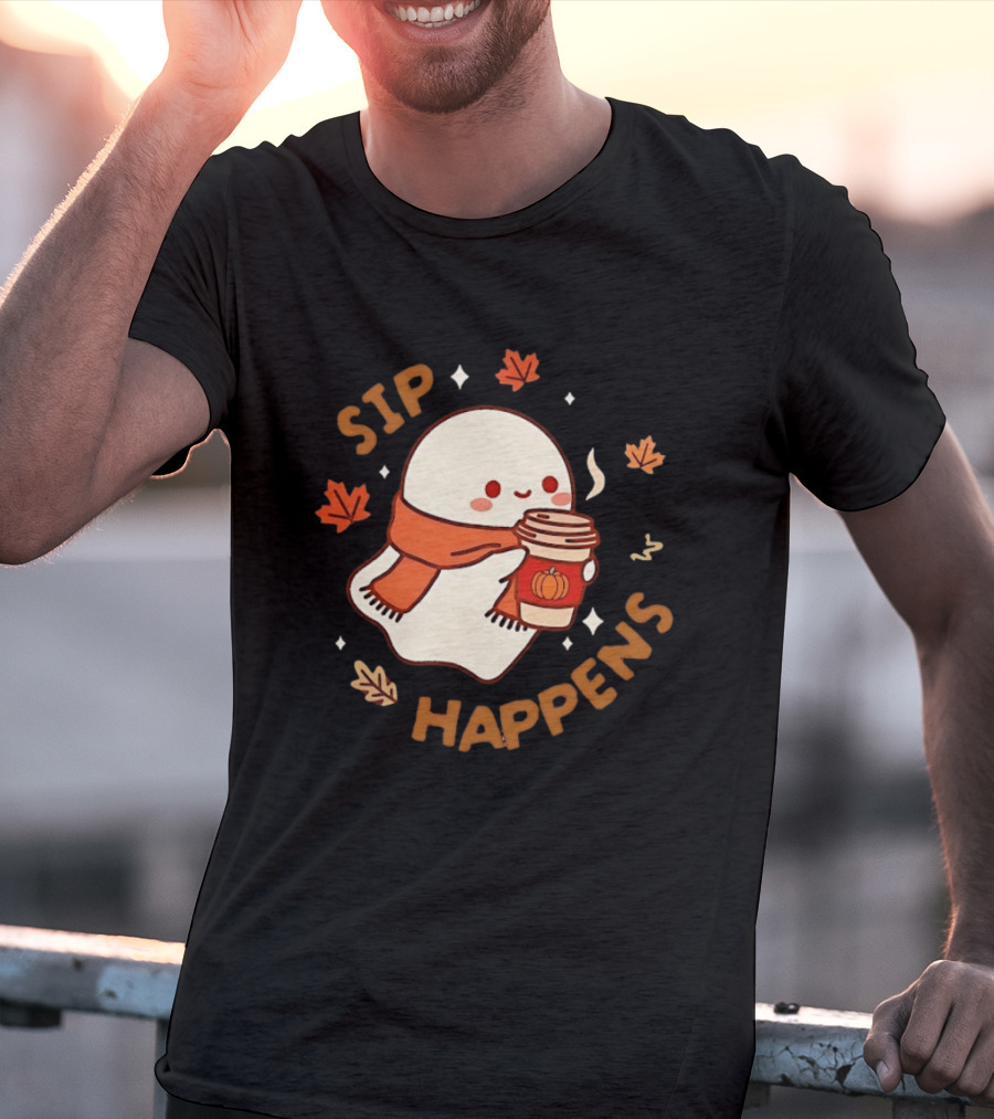 Sip Happens Ghost Pumpkin Spice Latte With Leaves And Scarf T-Shirt