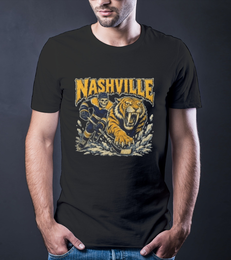 Nashville Hockey Skeleton Player With Fierce Tiger T-Shirt