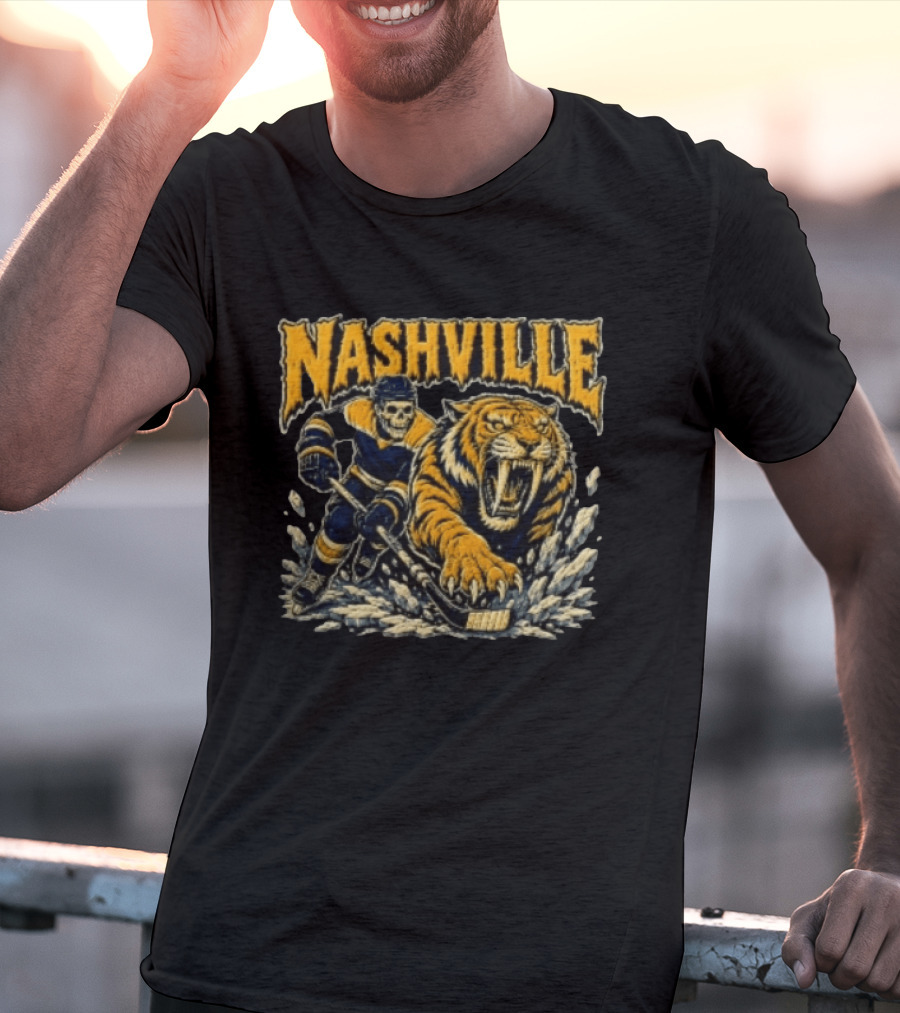 Nashville Hockey Skeleton Player With Fierce Tiger T-Shirt