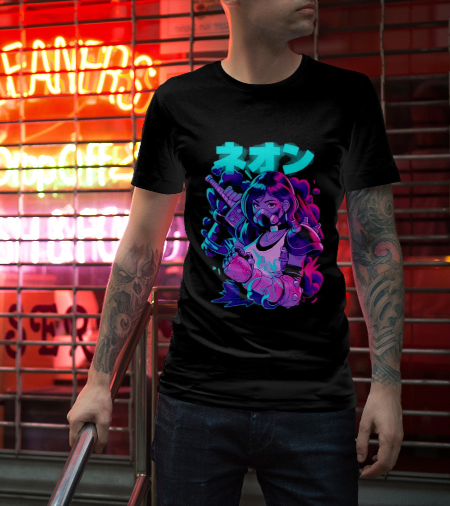 Neon Cyberpunk Anime Warrior Girl Futuristic Vaporwave Aesthetic T-Shirt