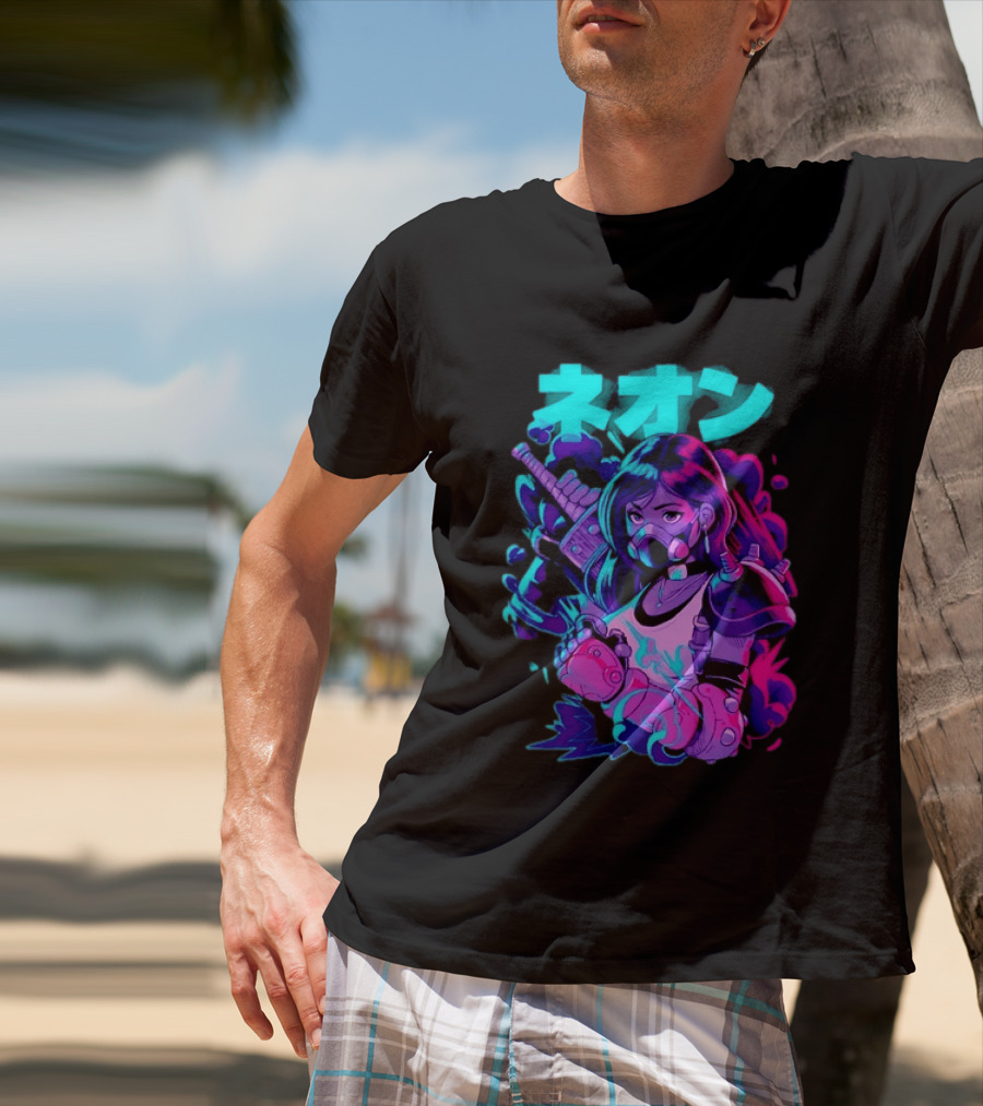 Neon Cyberpunk Anime Warrior Girl Futuristic Vaporwave Aesthetic T-Shirt