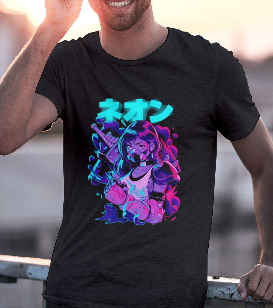 Neon Cyberpunk Anime Warrior Girl Futuristic Vaporwave Aesthetic T-Shirt