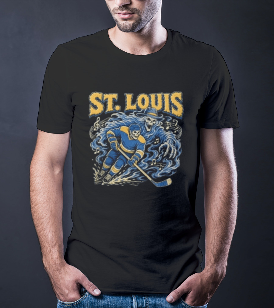 St. Louis Blues Hockey Skeleton Player With Music Notes And Ghostly Figure T-Shirt
