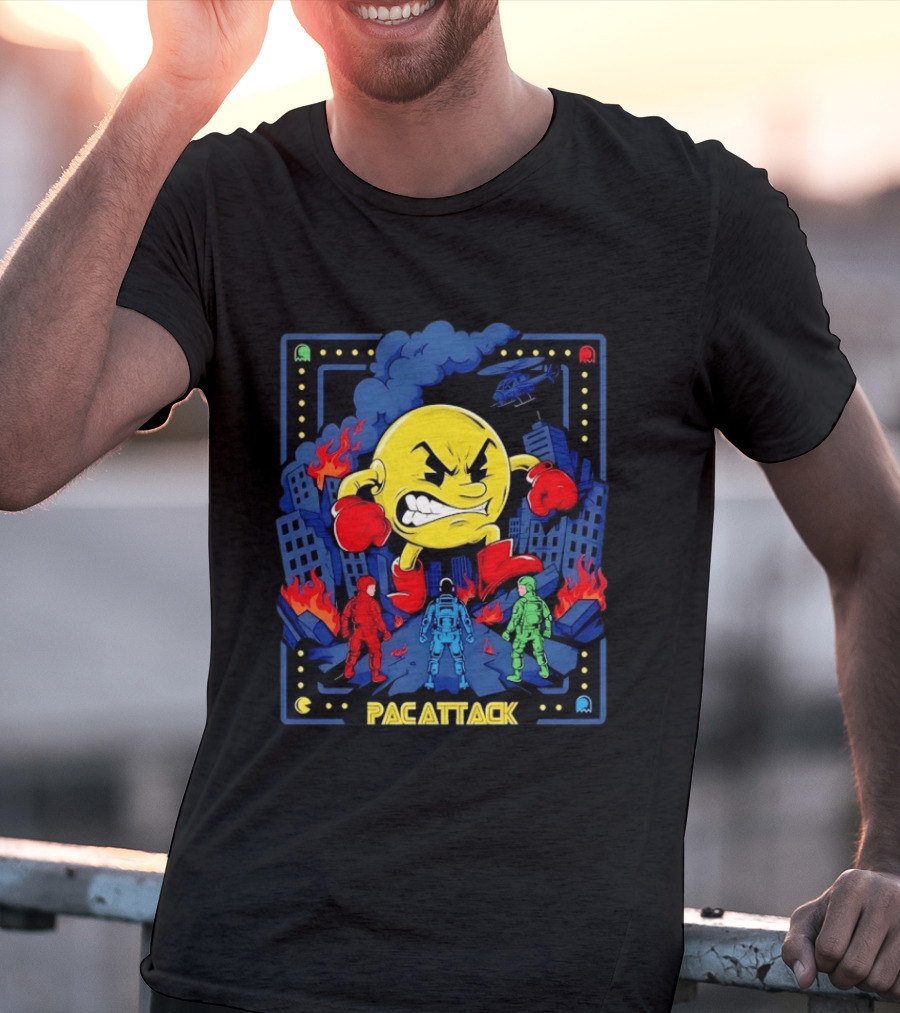 Pac Attack City Destruction Video Game Icon Battle Scene T-Shirt