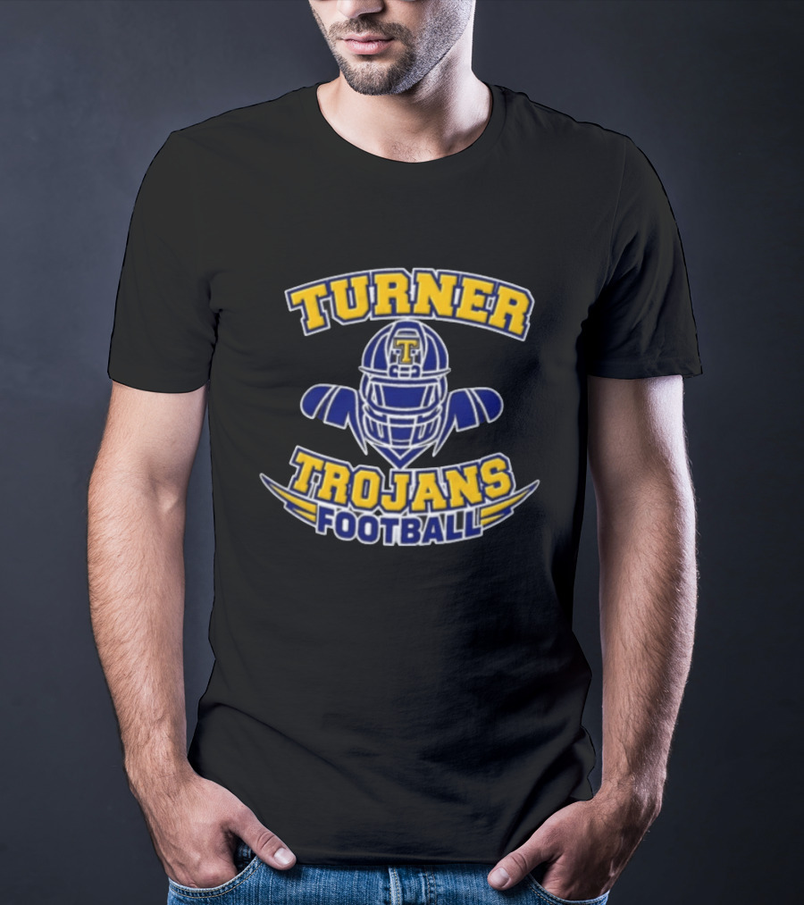 Turner Trojans Football Yellow Navy Helmet Shoulder Pads Gridiron T-Shirt