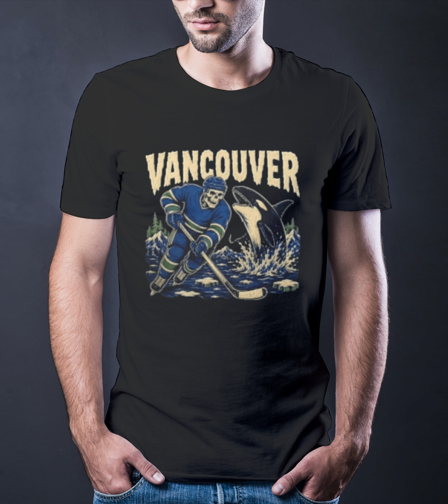 Vancouver Canucks Hockey Skeleton Player With Orca T-Shirt