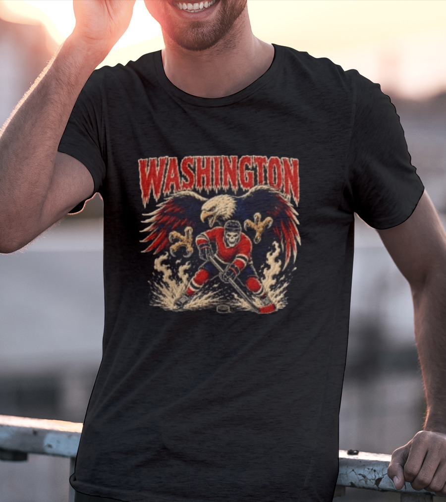 Washington Capitals Skeleton Hockey Player With Eagle T-Shirt