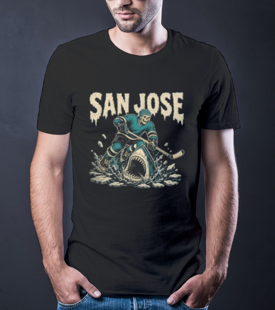 San Jose Sharks Skeleton Hockey Player Riding Shark T-Shirt