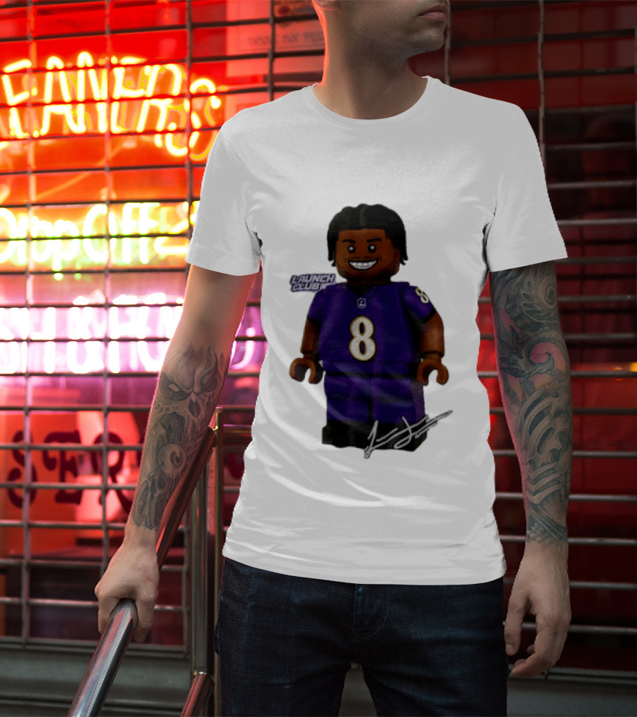 Baltimore Ravens Lamar Jackson Lego Minifigure Purple Jersey Number 8 T-Shirt