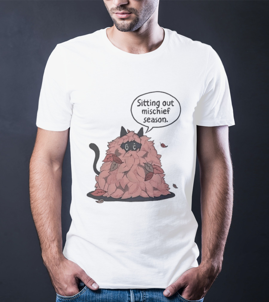 Sitting Out Mischief Season Cat Autumn Leaves T-Shirt