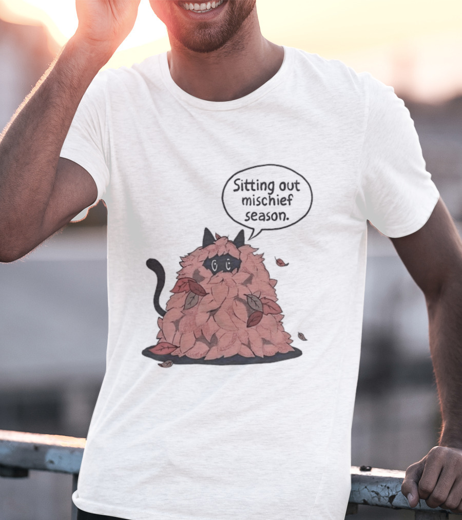 Sitting Out Mischief Season Cat Autumn Leaves T-Shirt