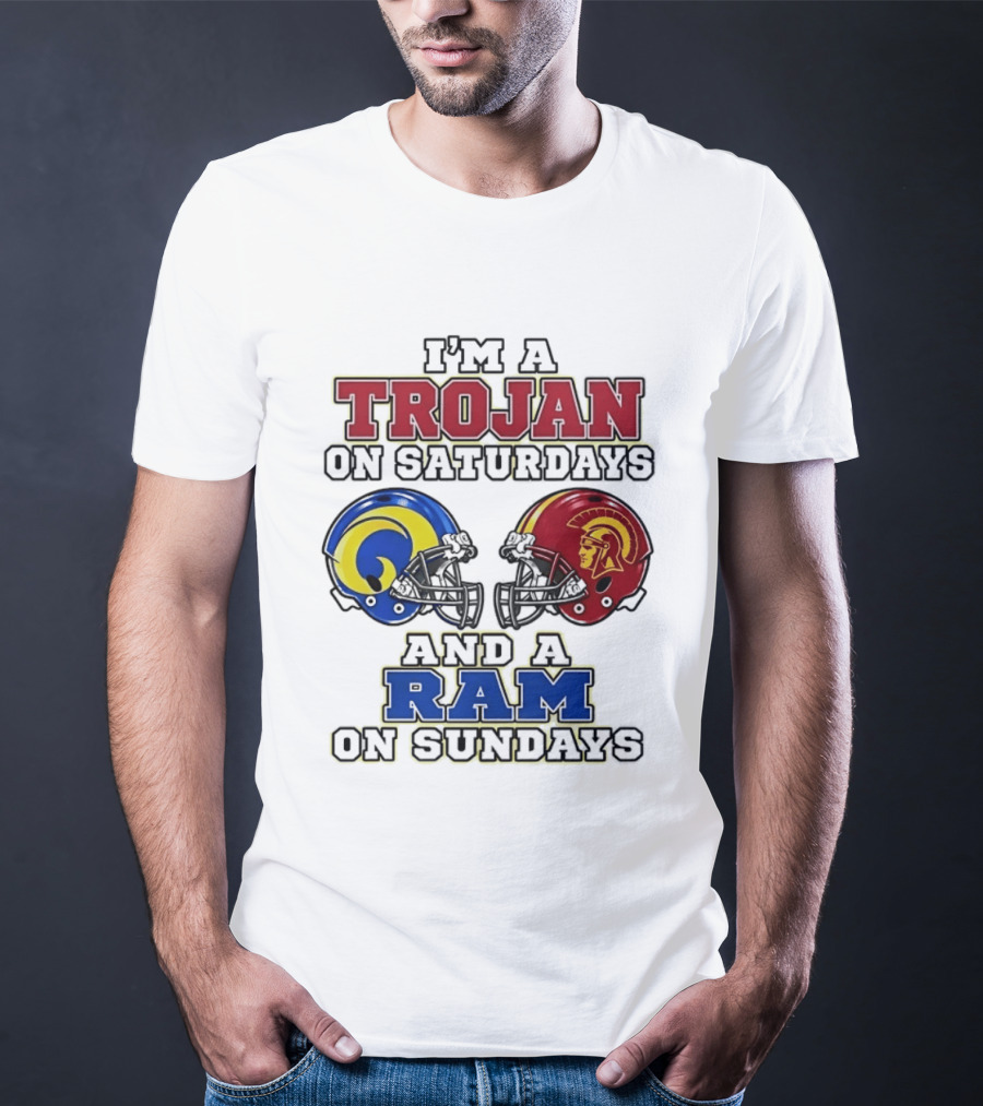 Trojan On Saturdays USC And Ram On Sundays Football Fan Helmet T-Shirt